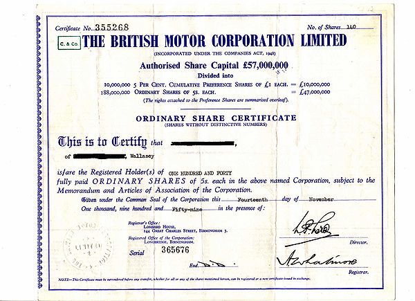 A BMC share certificate