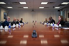 Secretary of Defense Lloyd J. Austin III speaks with the President of Afghanistan Ashraf Ghani and Chairman of the High Council for National Reconciliation Dr. Abdullah Abdullah 51269697227.jpg