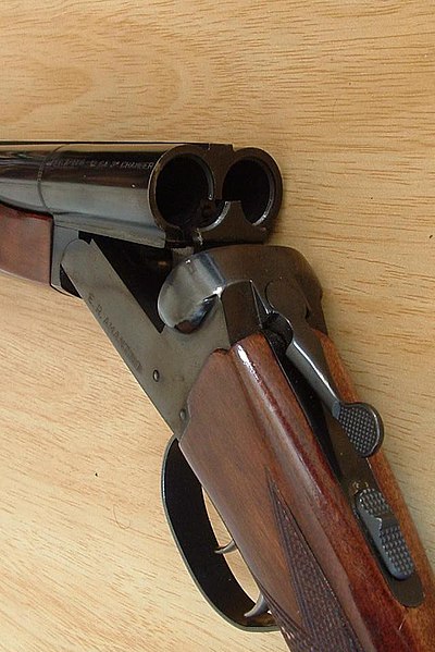 A view of the break-action of a side-by-side double-barreled shotgun.