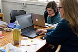 Hard at work editing during the Cornell University 2017 Art + Feminism Wikipedia edit-a-thon. Fine Arts Library, March 11, 2017.