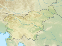 Mapa konturowa Słowenii, po lewej nieco u góry znajduje się owalna plamka nieco zaostrzona i wystająca na lewo w swoim dolnym rogu z opisem „Jezioro Bled”