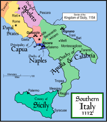 Map showing the Principality of Capua in 1112 (Capua represented by a star). Nocera is shown as the site of the later battle of Nocera and within the Duchy of Naples. In fact, the precise borders of these states are difficult to reconstruct. The Sorrentine peninsula juts out to the west of Salerno. Southern Italy 1112.svg