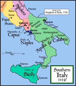 The Duchy of Apulia and Calabria within Southern Italy in 1112 Southern Italy 1112.svg