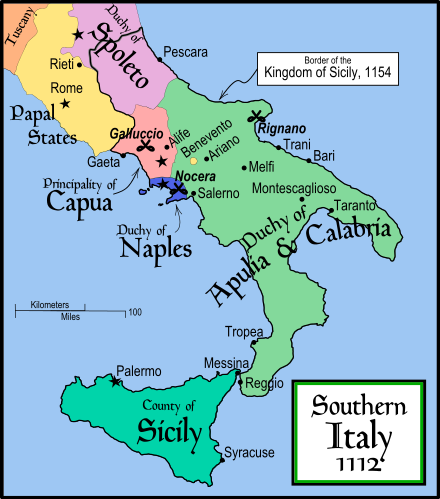Southern Italy in 1112, at the time of Roger II's coming of age, showing the major states and cities. The border of the Kingdom of Sicily in 1154, at the time of Roger's death, is shown by a thicker black line encircling most of southern Italy.
