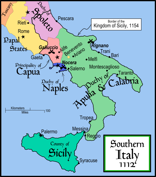 Southern Italy in 1112 CE showing the major states and cities. Smaller states and city-states, usually under the suzerainty or vassalage of the larger states, are not shown. Southern Italy 1112.svg