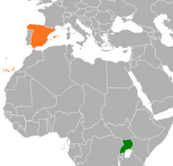 Map indicating locations of Spain and Uganda