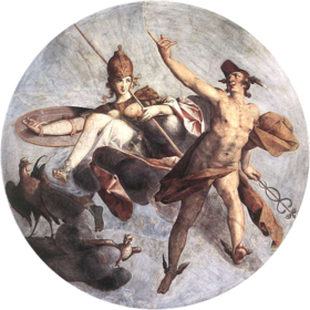 "Try first thyself, and after call the gods", Hermes and Athena in a Prague Castle fresco Spranger, Bartholomaus - Hermes and Athena - c. 1585.png