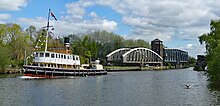 The Danny passing the Barton Swing Aqueduct Steamer Daniel Adamson having just passed the Barton Road Swing Bridge and Barton Aqueduct.jpg