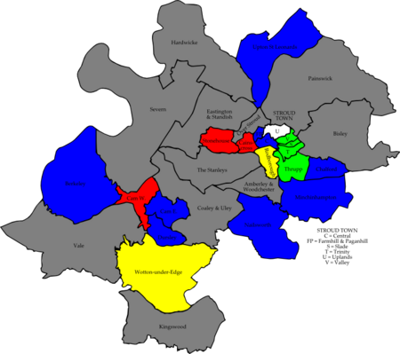 Map of the results of the 2007 Stroud council election. Conservatives in blue, Green party in green, Labour in red, Liberal Democrats in yellow and independent in white. Wards in grey were not contested in 2007. Stroud 2007 election map.png