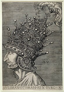 Illustration of Sultan Suleiman I wearing his Venetian Helmet, a four-tiered crown designed to stress that the sultan outranked even the pope (who wore a three-tiered crown) Suleiman Turc Emperor, 1535.jpg