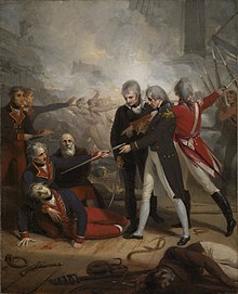 Nelson receives the surrender of the San Nicholas, an 1806 portrait by Richard Westall Surrender of the San Nicolas at St Vincent.jpg