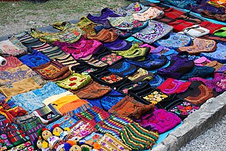 Textile purses being sold at the Palenque archeological site TextilesPalenque1.JPG