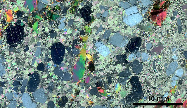 Thin section of apatite-rich carbonate in cross polarized transmitted light.
