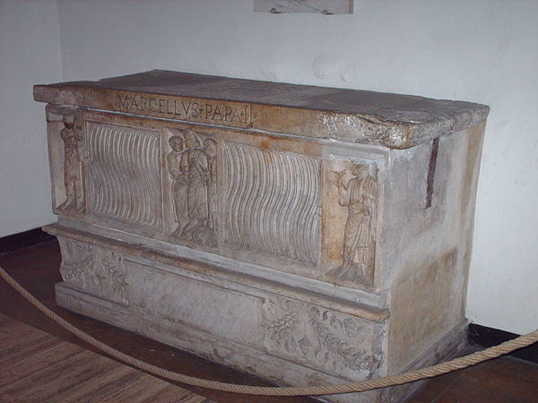 The tomb of Pope Marcellus II in the grottoes of St. Peter's Basilica in Vatican City