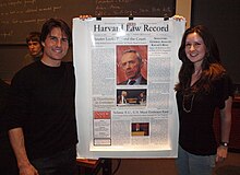 Actor Tom Cruise poses with a poster of the Record front page and with Record editor Jessica Corsi during a visit to Harvard Law School on October 5, 2009 Tomcruise1.jpg