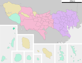 Остров Тосима на карте-схеме префектуры Токио (на самой левой из врезок остров отмечен оранжевым цветом)