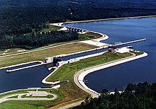 Aerial view of G.V. Montgomery Lock and Dam on the Tennessee-Tombigbee Waterway. View is upriver to the north. USACE G V Montgomery Lock and Dam.jpg