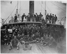 U.S. sailors from USS Hunchback on the James River; approximately a fifth of the sailors in the photograph are Black. Nearly 10,000 sailors of the Union Navy in the American Civil War were black, with seven of them being awarded the Medal of Honor. USS Hunchback crewmen in the American Civil War.png