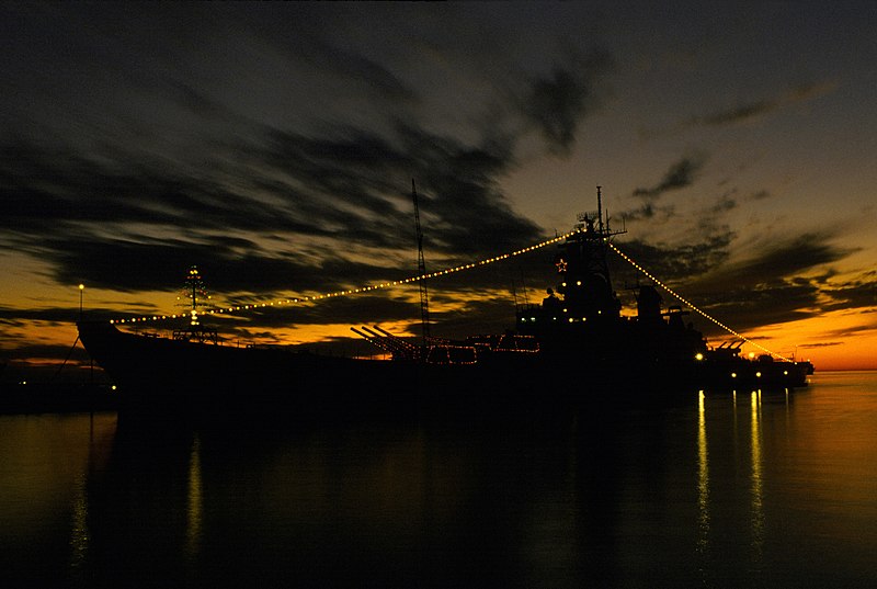 File:USS IOWA (BB 61) decorated with Christmas lights.jpg