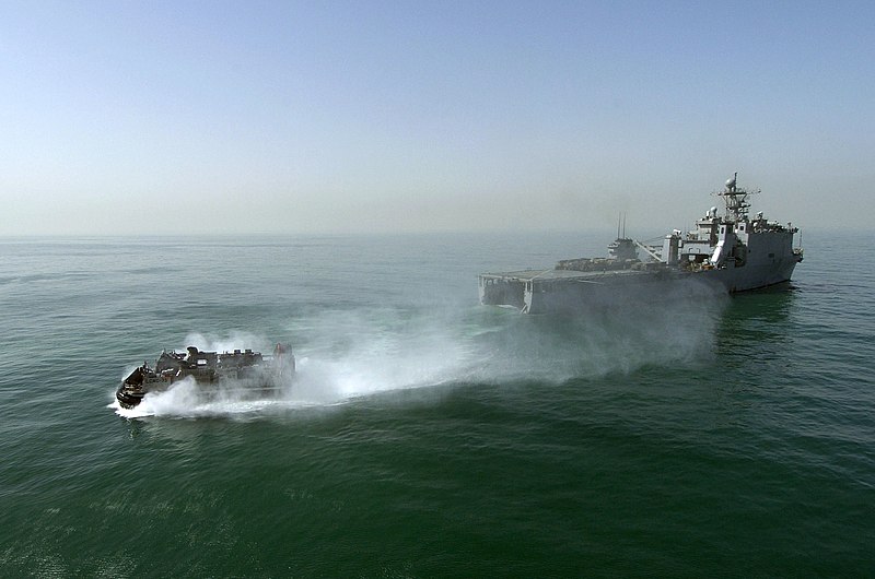 File:US Navy 050305-N-6932B-101 A Landing Craft Air Cushion (LCAC) assigned to Assault Craft Unit Five (ACU-5), safely disembarks the well deck of the amphibious dock landing ship USS Harpers Ferry (LSD 49).jpg