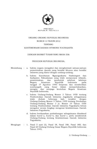 Undang-Undang Nomor 13 Tahun 2012 tentang Keistimewaan Daerah Istimewah Yogyakarta