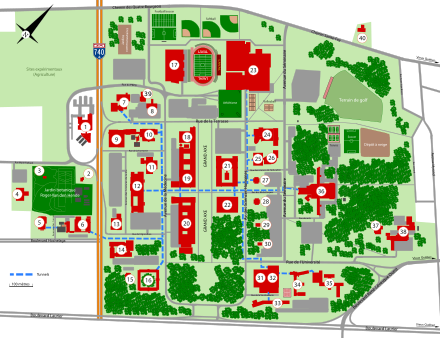 Map of the main campus of Université Laval in Quebec City presenting (on Commons) a type of photographic tour with pictures.
