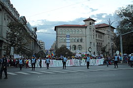 Demonstrators near Faculty of Architecture, Bucharest, on 22 September