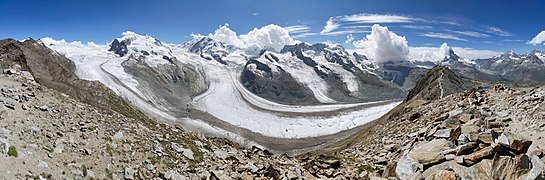 Wide view to Gornergletscher, Monte Rosa and Matterhorn, 2012 August