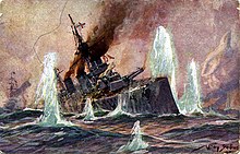 Painting of Lion, heavily damaged from enemy gunfire during the Battle of Dogger Bank Willy Stoewer HMS Lion Doggerbank.jpg