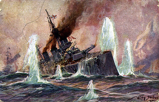Painting of Lion, heavily damaged from enemy gunfire during the Battle of Dogger Bank