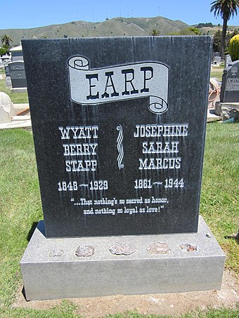 The Earps' replacement headstone at the Jewish Hills of Eternity Cemetery in Colma, California