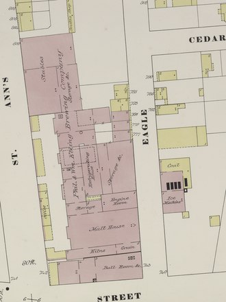 Philip and William Ebling Brewing Company" on St. Ann's Street 1891 map "Philip and William Ebling Brewing Company" 1891 map with St. Ann's and Eagle Streets - Bronx, V. 10, Double Page Plate No. 213 - NYPL2001831 (page 1 crop).tiff