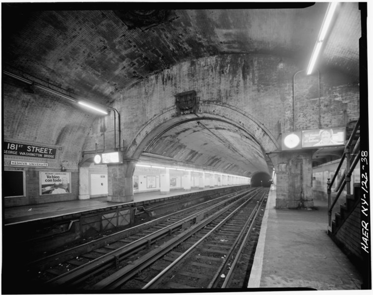 File:181ST STREET STATION. NORTH END OF STATION SHOWING WALL TREATMENT AND PLATFORM EXTENSION. - Interborough Rapid Transit Subway (Original Line), New York, New York County, NY HAER NY,31-NEYO,86-38.tif