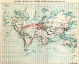 Eastern Telegraph Company 1901 chart of undersea telegraph cabling. An example of modern globalizing technology in the beginning of the 20th century. 1901 Eastern Telegraph cables.png