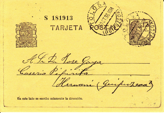 1936ko urriaren 24an Tolosako espetxetik bidalitako posta-txartela [oh 1]