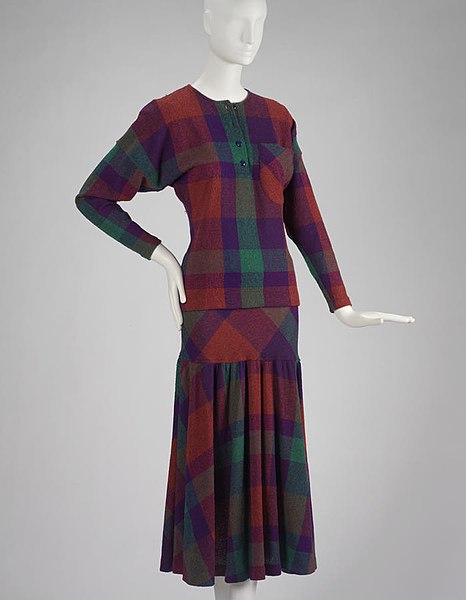 File:1970s Missoni sweater and skirt set, purple, red and green plaid knit.jpg