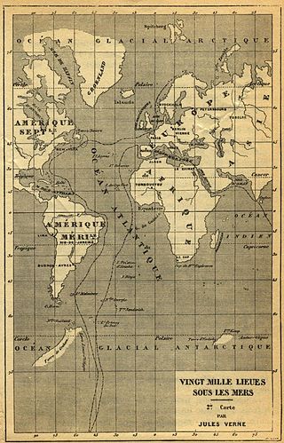 Weltkarte mit der Route der Nautilus aus Jules Vernes Roman 20.000 Meilen unter dem Meer