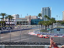 Helio Castroneves approaches Dan Wheldon Way (Turn 10) on the final lap of the 2012 Honda Grand Prix of St. Petersburg 2012 Honda Grand Prix of St. Petersburg Helio Castroneves final lap.JPG