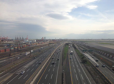 View south along the turnpike from a plane landing at Newark Liberty International Airport