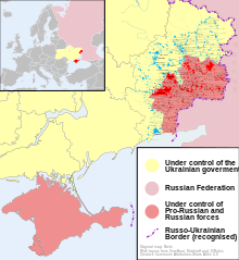 Crimea, which Russia annexed in 2014, is shown in pink. Pink in the Donbas region represents areas held by the DPR/LPR in September 2014 (cities in red) 2014 Russo-ukrainian-conflict map.svg