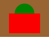 Un rectangle rouge surmonté d'un demi-cercle vert sur fond brun