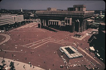 Plaza in 1973, with distant view of Old North and I-93 (at left), and Faneuil Hall (at right)