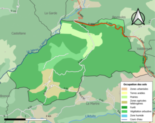 Barevná mapa znázorňující využití půdy.