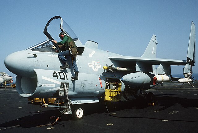 An A-7 aboard USS America during flight operations against Libya in 1986