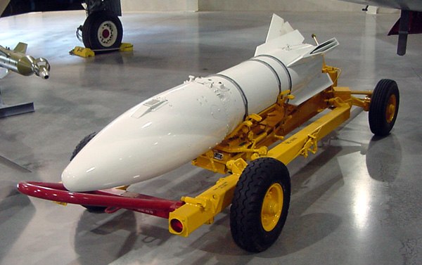 AIR-2 Genie nuclear air-to-air rocket sitting on a MF-9 Transport Trailer inside the jet hangar of Hill Aerospace Museum.