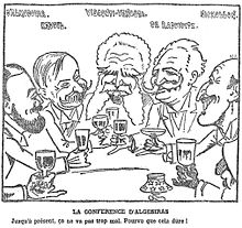 Cartoon by Hector Moloch [fr], January 1906: the Duke of Almodovar del Rio, Revoil, Visconti-Venosta, von Radowitz, and Nicolson (misspelt) at the Algeciras Conference Algesiras (Moloch).jpg