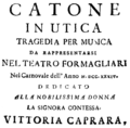 English: Anonymous - Catone in Utica - title page of the libretto, Bologna 1734