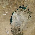 Nasa-satellietbeeld van die Aralmeer in 2014, die oostelike kom is heeltemal toegeslik