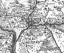 L'area di Bolzano e Gries risulta densamente antropizzata sul Atlas Tyrolensis del 1774