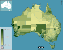 Australian Census 2011 demographic map - Australia by SLA - BCP field 1924 Total Year of arrival 1961 1970.svg